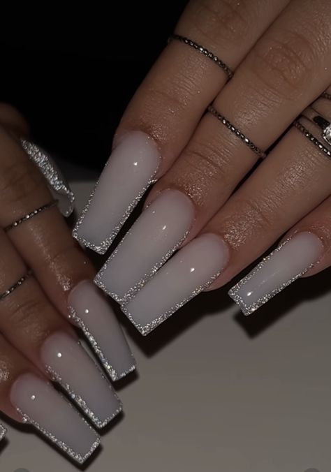 White To Glitter Ombre Nails, White And Holographic Nails, Cute Square Nails Long, White Glitter Acrylics, White Sparkly Square Nails, Chrome Glitter Nails Designs, White Nails With White Glitter, White Base Acrylic Nails, French Tip Jewel Nails