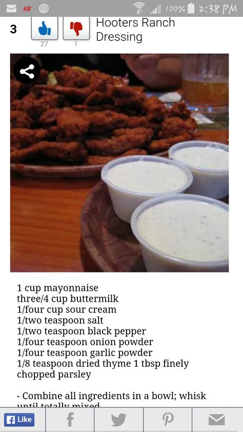 Hooters ranch dressing Hooters Chicken Wings Recipe, Copycat Wingstop Ranch, Hooters Breading Recipe, Restaurant Ranch Dressing Recipe, Copycat Arby’s Horsey Sauce, Resturant Copycats Recipe, Breaded Chicken Wings, Famous Recipes, Steak And Ale