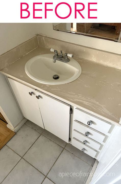 How to paint bathroom countertop & sink, and refinish old formica or laminate vanity top into white or marble finish. Great idea for a super easy budget remodel! - A Piece of Rainbow, D}Y, home improvement, fixer upper, remodeling, before after, modern, farmhouse, boho, interior design, transformation Painting Bathroom Sinks, Painting Bathroom Countertops, Diy Bathroom Vanity Makeover, Sink Remodel, Counter Top Sink Bathroom, Sink Counter, Painted Vanity Bathroom, Refinish Countertops, Paint Bathroom