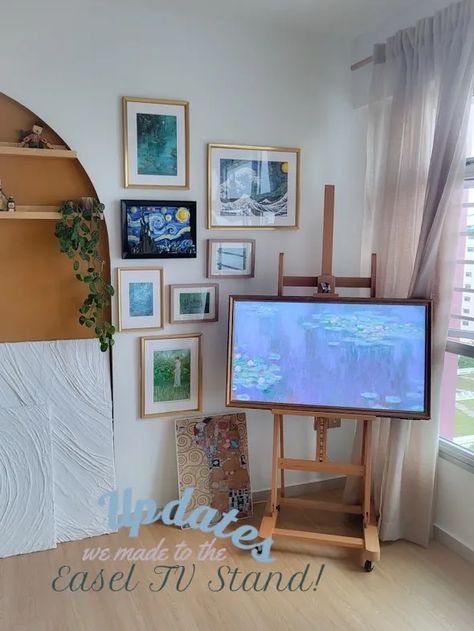 Easel TV Stand Update II - Hiding the cables. | Gallery posted by DIYrUs | Lemon8 Tv In Easel, Tv Art Easel, Easel For Tv, Diy Tv Shelves, Easel As Tv Stand, No Tv In Bedroom, Tv On Art Easel, Aesthetic Tv Bedroom, Tv Easel Stand Living Rooms