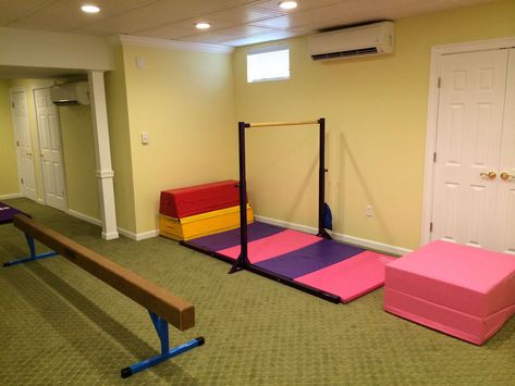 Inside Gymnastics Room, Gymnastic Room Ideas, Gymnastics Basement Ideas, Basement Gymnastics Area, Gymnastics Room In House, Home Gymnastics Room For Kids, At Home Gymnastics Room, Home Gymnastics Room, Gymnastics Room Ideas