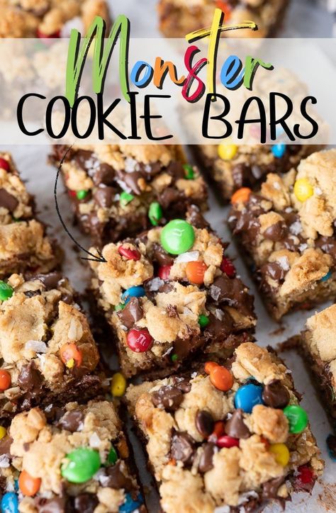 Monster Cookie Bars Monster Cookie Bars Recipe, Dessert Oreo, Monster Cookie Bars, Monster Cookie, Dessert Bar Recipe, Desserts Easy, Cookie Bar Recipes, Lost 100 Pounds, Yummy Sweets