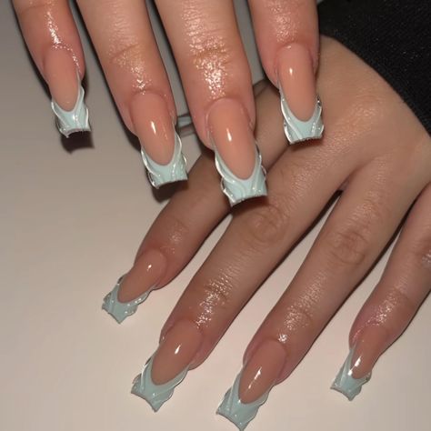 Nails Blue French Tip, Nails Blue French, Fake Nails Blue, Nails Long Square, Blue French Tip, Nails Press Ons, Fake Nails Long, Press On Nails Long, Long Press On Nails