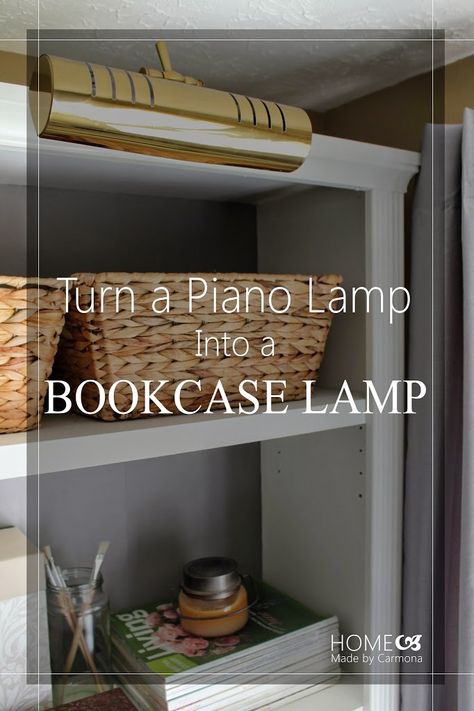 Lamp On Top Of Bookcase, Lamp On Bookshelf, Bookcase Lamp, Bookshelf Light, Library Lamp, Piano Lamp, Diy Bookends, Old Piano, Bookshelf Lighting