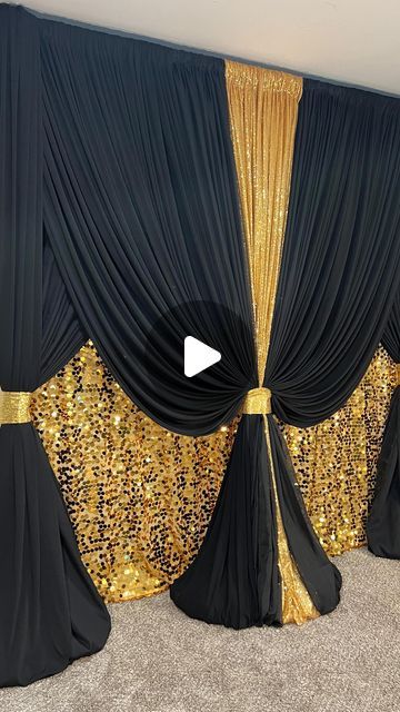 CustomEventCreations | Michigan on Instagram: "Father’s Day backdrop idea with black and gold drapes #fathersday #michiganeventdesigner #detroiteventdecorator #detroiteventdesigner" Diy Masquerade Decorations, Hot Pink Birthday Decorations, Sewing Curtains Valance, Church Stage Design Ideas Backdrops, Black And Gold Curtains, Masquerade Decorations, Black And Gold Party Decorations, Prom Backdrops, Tulle Backdrop