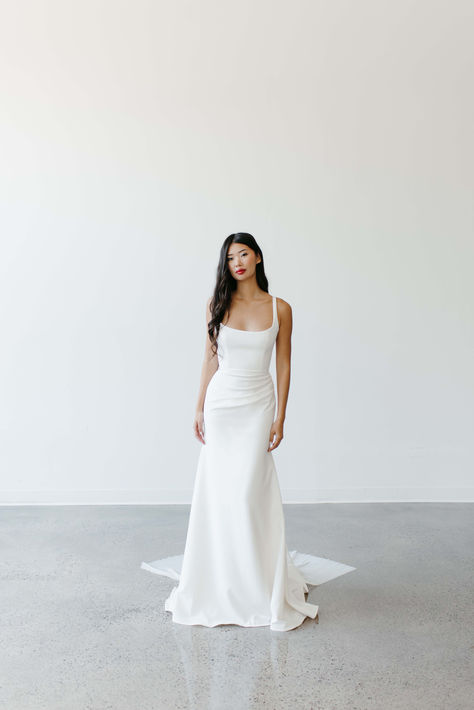 Vivenne by Tara LaTour | Fit and Flare with Soft Sqaure Neckline. Gather Crepe over Hip. Sheer Pleated Tulle Back with Pleated Tulle Tail. Removable Bow. Wedding Dresses for the Modern Romantic. For additional information please email: info@taralatour.com #weddingdress #bridalgown #classy #elegantweddingdress #uniqueweddingdress #modernromantic #modernweddingdress Simple Outdoor Wedding Dress, Simple Timeless Wedding Dress, Bow Wedding Dresses, Tara Latour, Simple Wedding Dresses, Dream Dream, Pleated Tulle, Bow Wedding, Timeless Wedding Dress