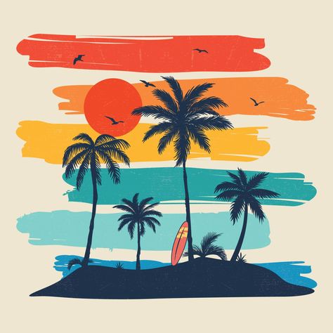 Beach Graphics, Sunshine Beach, Tree Sunset, Palm Tree Sunset, Summer Wall Art, Beach Illustration, Beach Artwork, Print Design Art, Summer Paradise