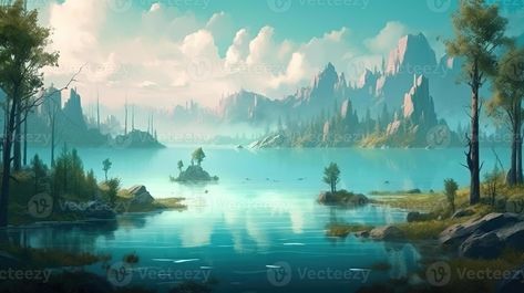 Lake Fantasy Backdrop Concept Art Realistic Illustration Background with Generative AI Fantasy Lake Art, Lake Fantasy Art, Fantasy Lake, Dragon Riders, Background Reference, Realistic Illustration, Minecraft Inspiration, Lake Painting, Grand Lake