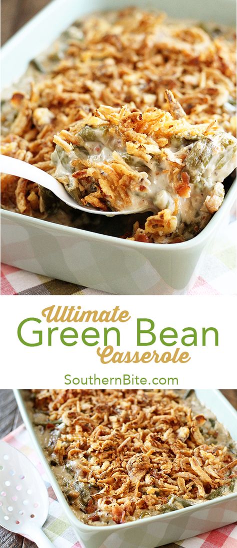 This recipe for Green Bean Casserole takes the classic dish up a notch by adding bacon, mushrooms, and cheese! It's a new Thanksgiving must-have! Recipe For Green Bean Casserole, Ultimate Green Bean Casserole, Thanksgiving Diner, Cheesy Green Beans, Cheesy Green Bean Casserole, Best Green Bean Casserole, Green Bean Casserole Easy, Greenbean Casserole Recipe, Bacon Stuffed Mushrooms