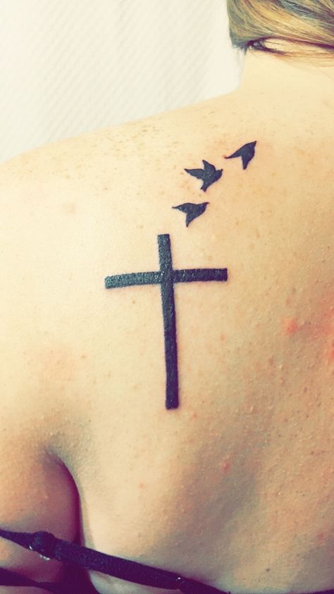 Cross Bird Tattoo, Cross With Birds Tattoos For Women, Cross With Birds Tattoo, Cross With Wings Tattoo For Women, God Tattoos For Women Half Sleeves, Cross Grace Tattoos For Women, Girl Cross Tattoos, Small Cardinal Tattoo, Inspiring Quote Tattoos