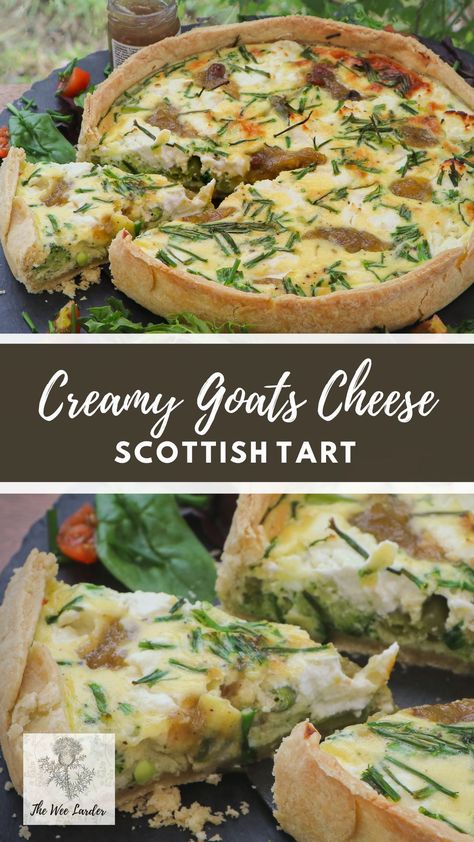 This delicious Creamy Goat's Cheese Tart is right up there with our favourite Summer recipes and is enjoyed by the whole family. The delicious creamy goat's cheese and vegetable filling works really well with the homemade flaky buttery pastry. This is an easy but lovely Summer treat to share with everyone and is perfect for taking chilled on a picnic. Celtic Cooking, Summer Family Recipes, English Tea Recipes, Scottish Autumn, Goats Cheese Tart, Tarts Savory, Haggis Recipe, Celtic Food, Tart Recipes Savory