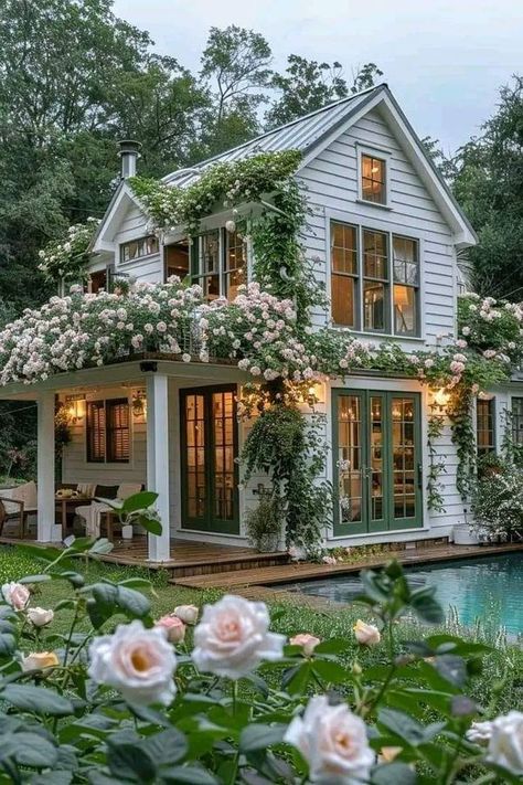 French Country, Cottage & Farmhouse | Facebook White Cottage Exterior, Shabby Chic Cottage French Country, Low Country Cottage, French Cottage Garden, Swedish Houses, Country Cottage Farmhouse, Cottage Aesthetic, Dream Life House, Victorian Farmhouse