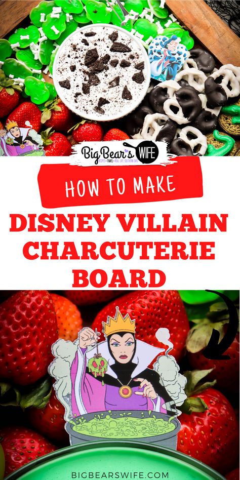 We're celebrating all of the Disney Villains with this Disney Villain Charcuterie Board! It is a fun Disney Snack board to celebrate our favorite Villains for Halloween! via @bigbearswife Princess And Villain Birthday Party, Maleficent Themed Food, Disney Villain Food Ideas, Disney Halloween Charcuterie Board, Disney Villain Party Food, Disney Villain Drinks, Disney Halloween Party Food, Disney Halloween Food Ideas, Disney Villains Party Games