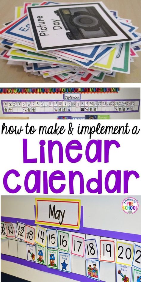 Linear Calendar! How to make, implement, why, and WHAT students are learning. Never teach traditional calendar in preschool or pre-k again. #calendartime #linearcalendar #preschool Calendar Ideas For Kids To Make, Make Calendar, Linear Calendar, Calendar Preschool, Preschool Classroom Setup, Pocket Of Preschool, Classroom Calendar, Calendar Time, Unique Calendar