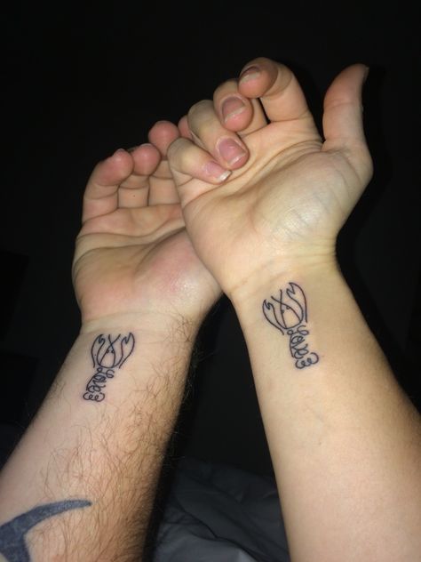 The newest addition to mine and my fiancé's tattoos. #lobsterlove #hesmylobster #lobstertattoos Cute Lobster Tattoo Small, You’re My Lobster Tattoo, Matching Lobster Tattoos, Lobster Tattoo Small Couple, Lobster Tattoo Couple, Lobster Tattoo Small, Lobster Tattoos, Fiance Tattoos, 1975 Tattoos