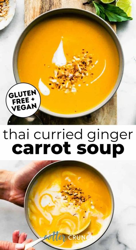 Thai Curried Carrot Ginger Soup recipe is made with nutritious, seasonal ingredients and sweet and spicy flavors for a creamy, cozy vegan soup perfect for chilly fall and winter days! Serve it on its own or as a side dish or healthy appetizer with your favorite gluten-free main courses. Add coconut milk and peanut butter (or almond butter) to make this easy soup dairy free. Thai Peanut Soup Recipes, Carrot Ginger Coconut Milk Soup, Spicy Carrot Ginger Soup, Thai Carrot Ginger Soup, Carrot Ginger Curry Soup, Carrot Coconut Curry Soup, Carrot Ginger Coconut Soup, Carrot Curry Soup, Curry Carrot Soup