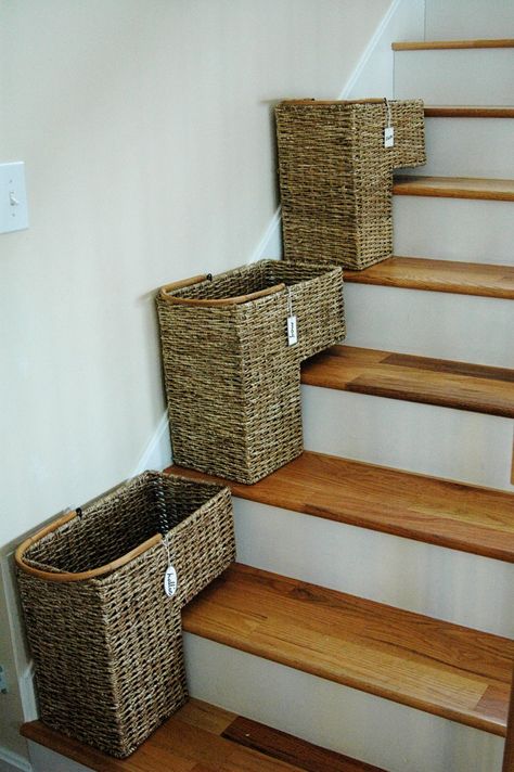 Great idea...my parents used to put all our "crap" on the steps so we had to take it up.  This is a much more organized concept Family Shoe Storage, Stair Basket, Stairs Renovation, Shoe Storage Ideas, Stairway Decorating, Staircase Decor, Diy Stairs, Stair Storage, Grand Staircase