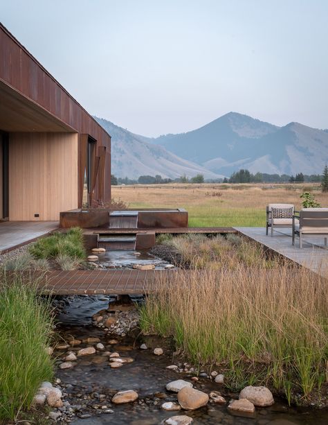 Carney Logan Burke wraps Dogtrot Residence in weathering steel to blend with Wyoming terrain Planting Design, Water Landscape, Weathering Steel, Villa Park, Concrete House, Japanese Gardens, Water Features In The Garden, Outdoor Gardens Design, Architect Design