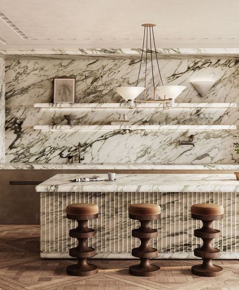 Marble Perfection… Check out this stunning kitchen featuring a fluted island with Calcutta marble counters, backsplash, and island. Marble on marble is a top trend in 2024, bringing unmatched elegance and timeless style to any space. Designed by @banda.property #InteriorDesign #MarbleTrends #CalcuttaMarble #KitchenDesign #LuxuryLiving #FlutedIsland Kitchen Backdrop, Banda Property, Marble Shelves, Main Kitchen, Enjoy Your Coffee, Marble Island, Marble Shelf, Jewelry Store Design, Quality Family Time