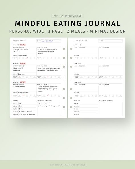 Track your food intake, moods, and symptoms with this printable mindful eating food journal. Includes customizable wide inserts, a food log tracker, and a food sensitivities diary. Perfect for intuitive eating, weight loss, and general health. #mindfuleating #foodjournal #diet_planner Essen, Eating Journal Food Diary, Food And Exercise Journal, Food Journal Printable Free, Food Tracker Bullet Journal, Wl Journal, Food Tracking Journal, Food Sensitivity Journal, Food Journal Ideas