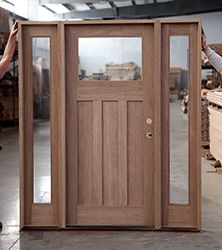 Wooden Front Door With Side Lights, Front Doors With Transom Windows, Wood Entry Door With Sidelights, Solid Front Door With Side Windows, Natural Wood Front Door With Sidelights, Front Door On Ranch Style Home, Wood Door Sidelights, Wood Exterior Door With Side Lights, Solid Wood Front Door With Sidelights