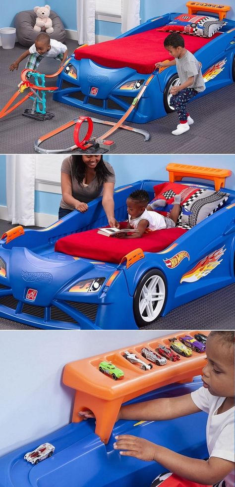 Blue colored Hot Wheels race car bed, with dream come true features, is not just a standard toddler bed but an awe-inspiring piece that will make the transition phase of crib mattress into a twin mattress an easy and enjoyable passage to be cherished by kids and family alike. Made in the USA, Hot Wheels race car bed by Step2 is designed to grow with your child and finally transform into a twin bed. Hot Wheels Bedroom, Auto Humor, Race Car Bedroom, Hot Wheels Race Track, Toddler Car Bed, Twin Car Bed, Twin Car, Kids Car Bed, Car Themed Bedrooms