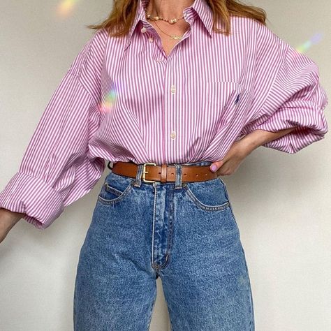 Shirt And Mom Jeans Outfit, Corset Crochet, Embroidered Cami Top, Outfits With Striped Shirts, Long Sleeve Loose Blouse, Pink Striped Shirt, Ralph Lauren Blouse, Mom Jeans Outfit, Fashion Sweaters