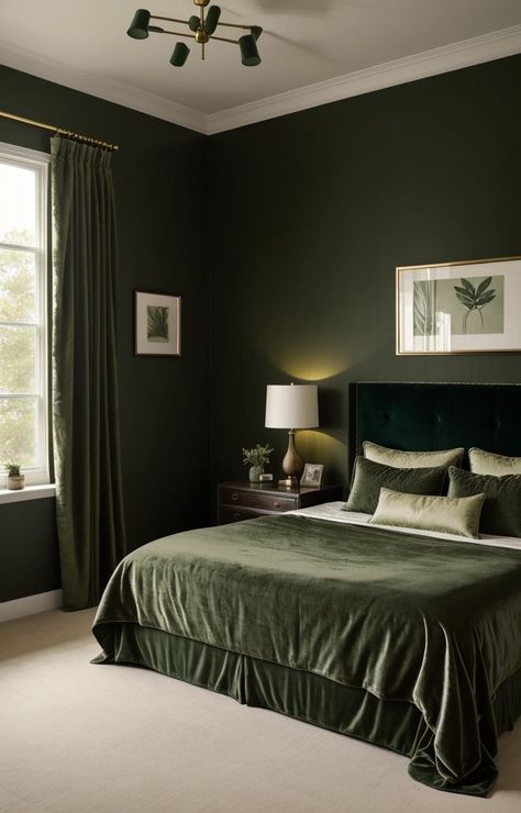 Bedroom Ideas Green Walls, Vintage Vanity Table, Green Curtains Bedroom, Green Room Ideas Bedroom, Purple Earth, Attic Bedroom Ideas, Dark Green Rooms, Green Bedroom Walls, Dark Green Walls