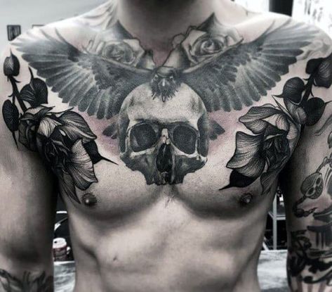 50 Skull Chest Tattoo Designs For Men - Haunting Ink Ideas Skull Roses Tattoo, Tatoo 3d, Full Chest Tattoos, Skull Rose Tattoos, Tattoo Rose, Cool Chest Tattoos, Pieces Tattoo, Chest Tattoos For Women, Chest Piece Tattoos