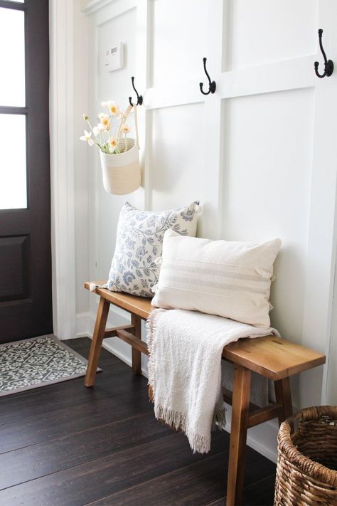 Simple Spring decorative touches in my entryway. Floral home decor. Faux Florals. Poppies. Hanging Basket. Floral Throw Pillow. Light throw blanket. Target style. Target Home. Amazon Home. Entryway Bench. Board And Batten entryway decor. Seasonal decor. Entryway Ideas With Bench Storage, Hanging Basket Entryway, Entryway Bench Hooks, Entry Way With Bench And Hooks, Charleston Entryway, Board And Batten Entryway With Bench, Small Bench Decor, Entry Way Ideas With Bench, Entryway Bench With Hooks