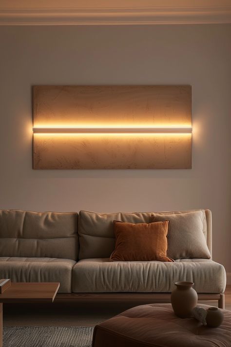 Lighting Behind Couch, Lights Behind Couch, Couch Wall Decor Ideas, Wooden Lights, Couch Wall Decor, Couch Wall, Painting With Light, Cool Backdrops, Sage Green Bedroom