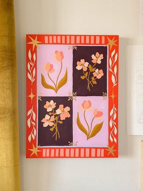 All Available Originals — Grown Wild Paper Co. Bekah Worley, Symmetrical Composition, Eclectic Paintings, European Folk Art, Cadmium Orange, Graphic Motif, Folk Art Flowers, Eclectic Art, Folk Art Painting