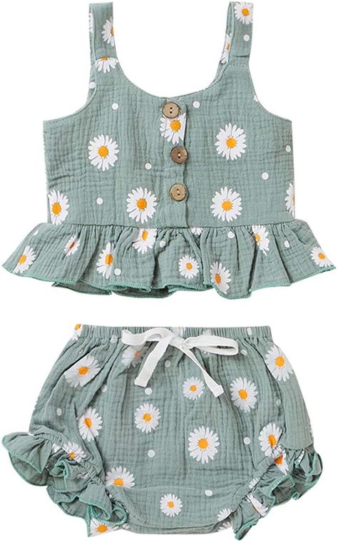 9 Month Baby Girl Outfits, 6 Month Baby Girl Outfits, Summer Baby Outfits, Baby Girl Summer Outfits, Toddler Wardrobe, Photoshoot Background, Clothes Green, Crop Vest, Green Daisy