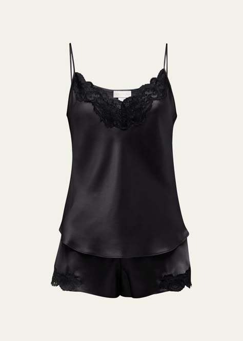 Get free shipping on Christine Lingerie Bijoux Short Lace-Trim Silk Pajama Set at Bergdorf Goodman. Shop the latest luxury fashions from top designers. Luxury Silk Pajamas, Dark Feminine Pjs, Sleep Sets Aesthetic, Luxury Pajamas For Women, Royal Pjs, Black Pajamas Aesthetic, Owl House Clothes, Silk Pjs Aesthetic, Dark Academia Pajamas