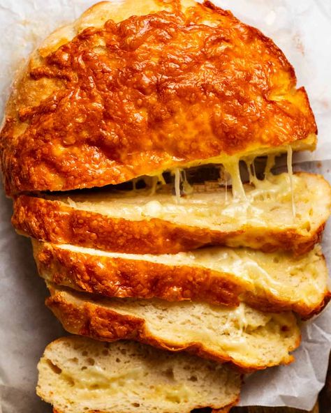 Cheese Bread (no knead!) Chunky Cheese Bread, Foolproof Cheese Bread, Cheese Bread No Knead, Best Cheese Bread Recipe, Quick Cheesy Bread, Quick Rise Artisan Bread, Cheese Quick Bread Recipes, Cheddar No Knead Bread, No Knead Cheddar Bread Dutch Oven