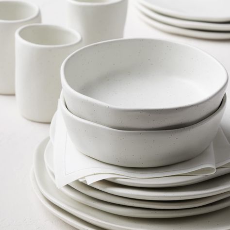 Stone by Mercer Project HEKONDA Debossed Stoneware 16-Piece Dinnerware Set, White Speckled Speckled Dinnerware, Ceramic Dishes Design, White Dinnerware Set, Plates And Bowls Set, Beige Ceramic, Stoneware Dinnerware Sets, Stoneware Dishes, Luxury Dinnerware, Stoneware Dinnerware