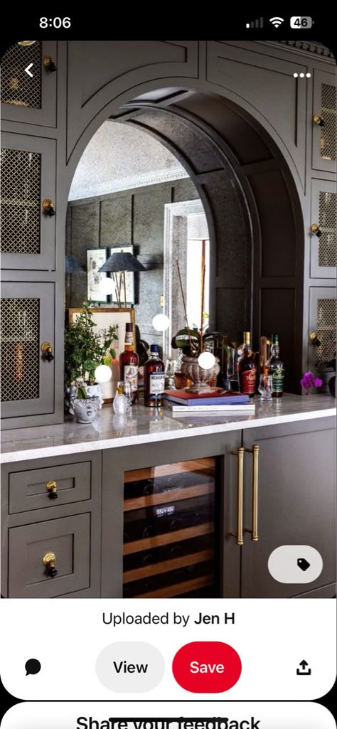 Bar With Wine Fridge, Built In Bar Cabinet, Moody Bar, 2024 Kitchen Trends, Arched Bar, Built In Coffee Bar, Dining Room Built In, Bar Nook, Home Wet Bar