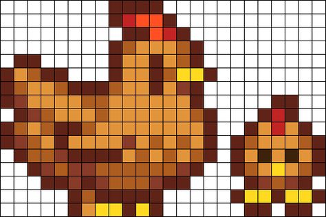 Brown Perler Bead Patterns, Stardew Valley Chicken Cross Stitch, Stardew Valley Chicken Pixel Art, Alpha Patterns Stardew Valley, Stardew Valley Chickens, Stardew Valley Embroidery Patterns, Stardew Valley Perler Beads Pattern, Chicken Perler Bead Patterns, Stardew Perler Beads