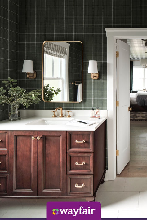 We can't stop obsessing over this modern bathroom. Want to bring the look home for yourself? Shop hundreds of wooden vanities, gold hardware, and green wall tiles to make this look yours. Brown Bathroom, Kitchen And Bath Design, Upstairs Bathrooms, Urban Oasis, Main Bathroom, Bathroom Inspo, Wood Bathroom, Green Bathroom, Vintage Bathroom