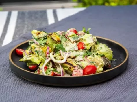 Grilled Avocado Salad with Cranch Dressing Michael Symon Grilled Avocado Salad, Grilled Avocado Salad, Chicken Alfredo Fettuccine Recipe, Perfect Pot Roast, Grilled Avocado, Perfect Roast Chicken, Fettuccine Alfredo Recipes, Oven Baked Salmon, Michael Symon