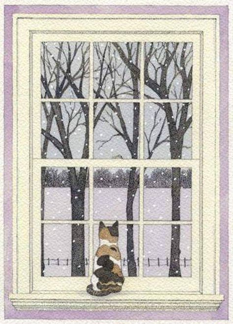 Cat On Windowsill Drawing, Paintings Of Birds, Window Drawing, Winter Cat, Winter Illustration, Tableau Art, First Snow, Fine Artist, Cats Illustration