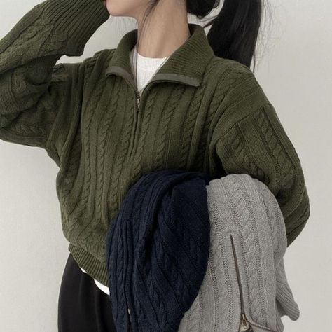 Baggy Long Sleeve, Crop Pullover, Solid Color Sweater, Vintage Pullovers, Zippered Sweater, Quarter Zip Sweater, Oversized Knitted Sweaters, Collar Sweater, Green Sweater