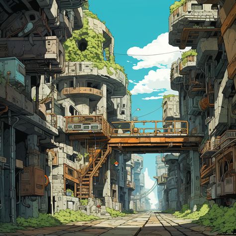 Post Apocalyptic City Concept Art, Futuristic Japanese City, Futuristic Town, Solarpunk Architecture, Solarpunk City, Architecture Paintings, Solar Punk, Steampunk City, Sci Fi Architecture