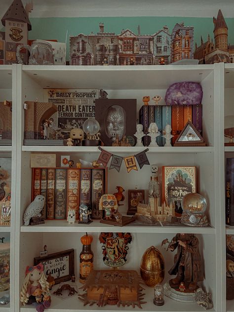 Harry Potter Themed Bookshelf, Harry Potter Book Display, Harry Potter Bookshelf Display, Harry Potter Bookshelf Ideas, Geek Bookshelf, Aesthetic Harry Potter Room, Harry Potter Book Shelf Ideas, Harry Potter Shelf Display, Harry Potter Shelves