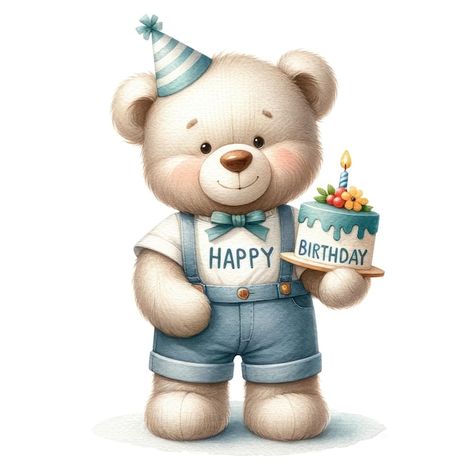 Happy Birthday Kids Boy, Teddy Bear Birthday Theme, Birthday Cake Illustration, Baby Boy Birthday Cake, Happy Birthday Kids, Birthday Bear, Teddy Bear Birthday, Cake Illustration, 1st Birthday Cards