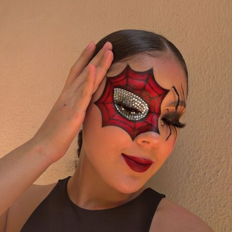 Spider Wed Makeup Halloween, Spider Woman Costume Ideas, Spiderwoman Costume Ideas, Spiderman Face Paint Women, Rhinestone Spider Web Makeup, Intense Halloween Makeup, Diy Spiderman Costume For Women, Spiderman Face Makeup, Miles Morales Inspired Makeup