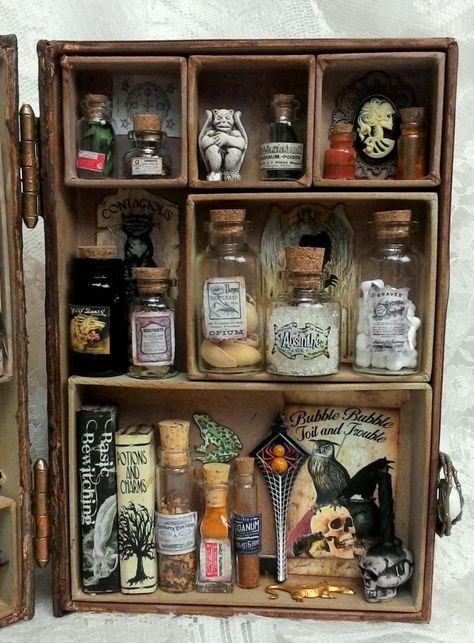 Artfully Musing: HOCUS POCUS INSPIRED BOOK APOTHECARY - VIDEO TUTORIAL Halloween Shadow Box, Kite Making, Halloween Apothecary, Festa Harry Potter, Shadow Box Art, Spice Rack, Shadow Boxes, Hallows Eve, Hocus Pocus