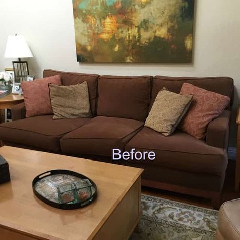 Brown Couch Blues: Mini-Makeover Before and After | Classic Casual Home Pillows For A Brown Couch, Brown Couch Pillows, Yellow Loveseat, Brown Couch Decor, Marble Tables Living Room, Brown Couch Living Room, Bedroom Couch, Sofa Ideas, Brown Couch