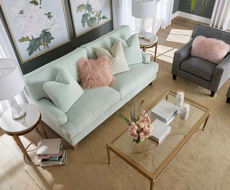 Pastel Green Couch Living Room, Mint Couch Living Room Decor, Mint Couch Living Room, Mint Sofa Living Room, Mint Green Sofa Living Rooms, Seafoam Green Living Room, Mint Green Couch, Mint Couch, Mint Green Living Room