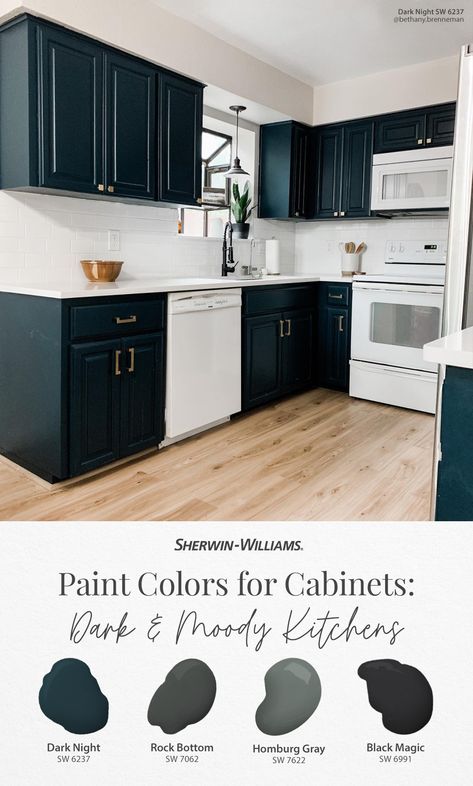 Dark Kitchen Island Paint Colors, Sw Dark Night Cabinets, Sherwin Williams Dark Night Cabinets, Dark Night Sherwin Williams Cabinets, Rock Bottom Sherwin Williams Cabinets, Dark Kitchen Cabinet Colors, Dark Painted Kitchen Cabinets, Sw Dark Night, Kitchen Paint Color Inspiration